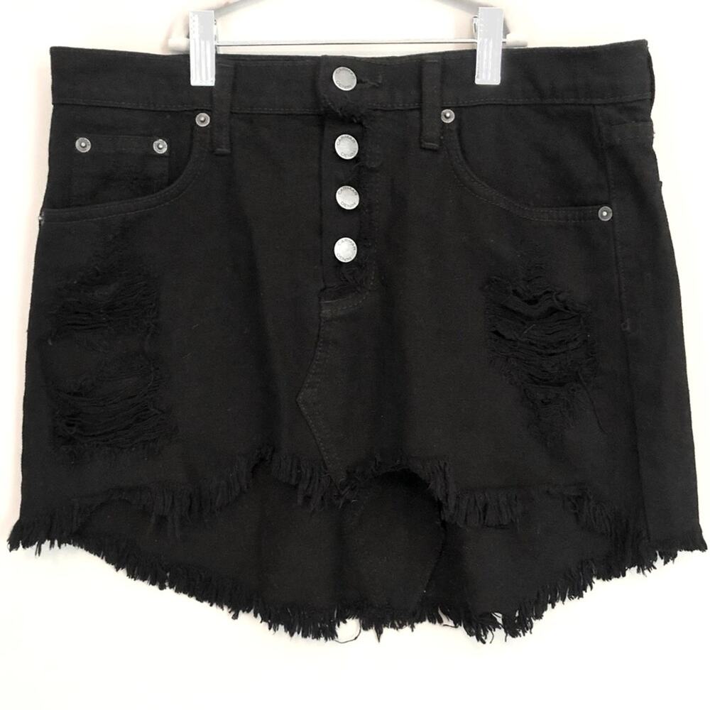Carmar Distressed Black Denim Button Up Skirt Size 28